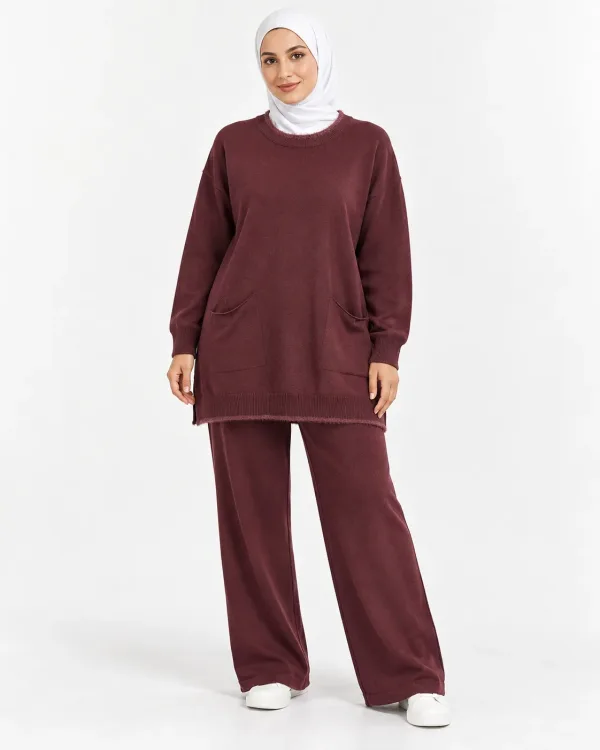 Ensemble Maille Tunique à Poches Finition Frangée