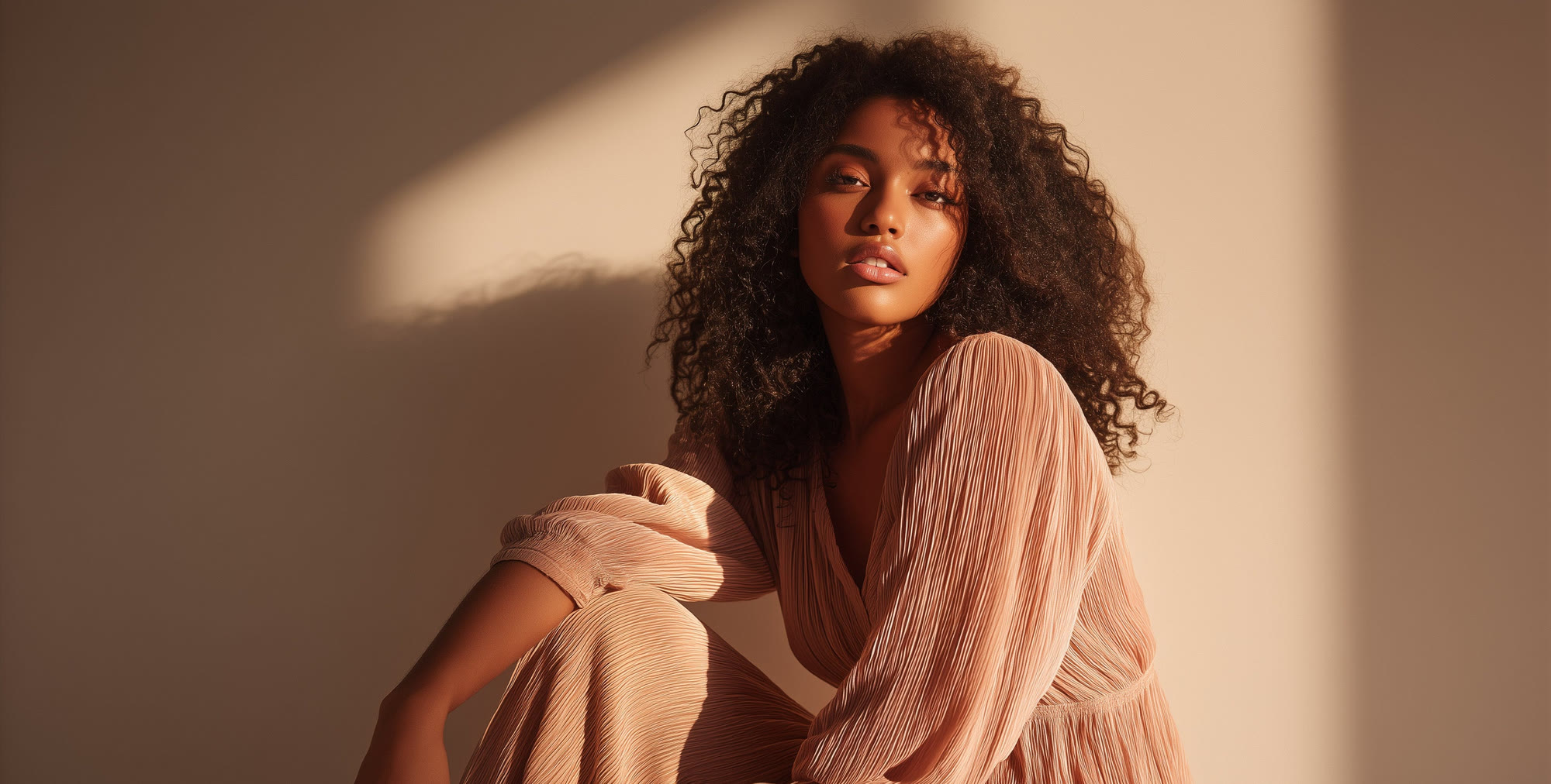 Femme aux cheveux bouclés en haut plissé rose poudré, sous un soleil chaud